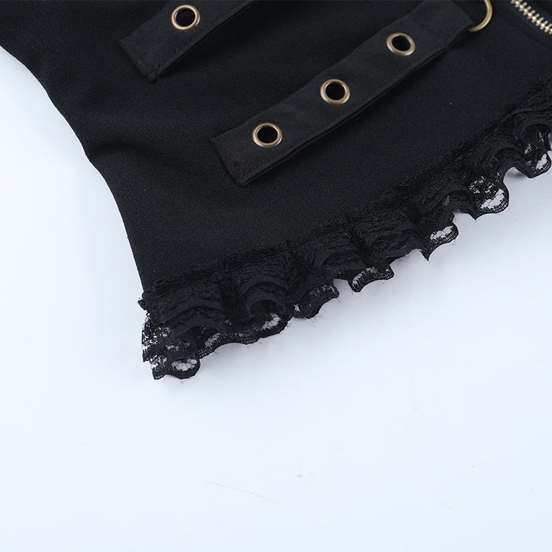 V neck zip-up buckle lace hem cami top  | Festival Outfits Women
