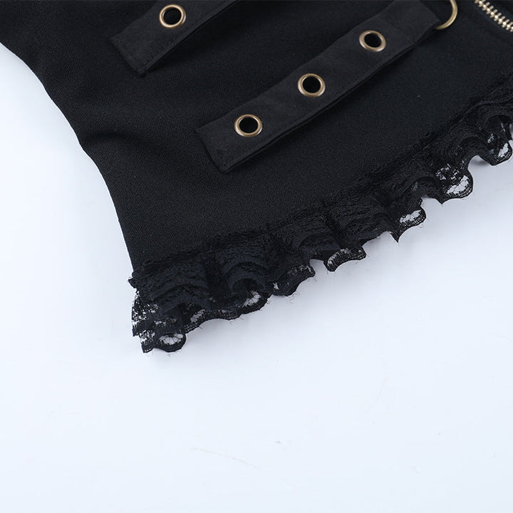 V neck zip-up buckle lace hem cami top  | Festival Outfits Women