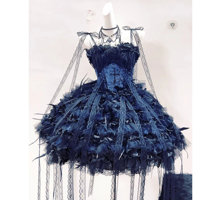 Flower applique feather velvet self tie mini dress  | Festival Outfits Women