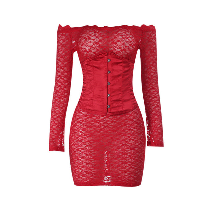 Off shoulder long sleeve lace corset lace up 2 piece mini dress  | Festival Outfits Women