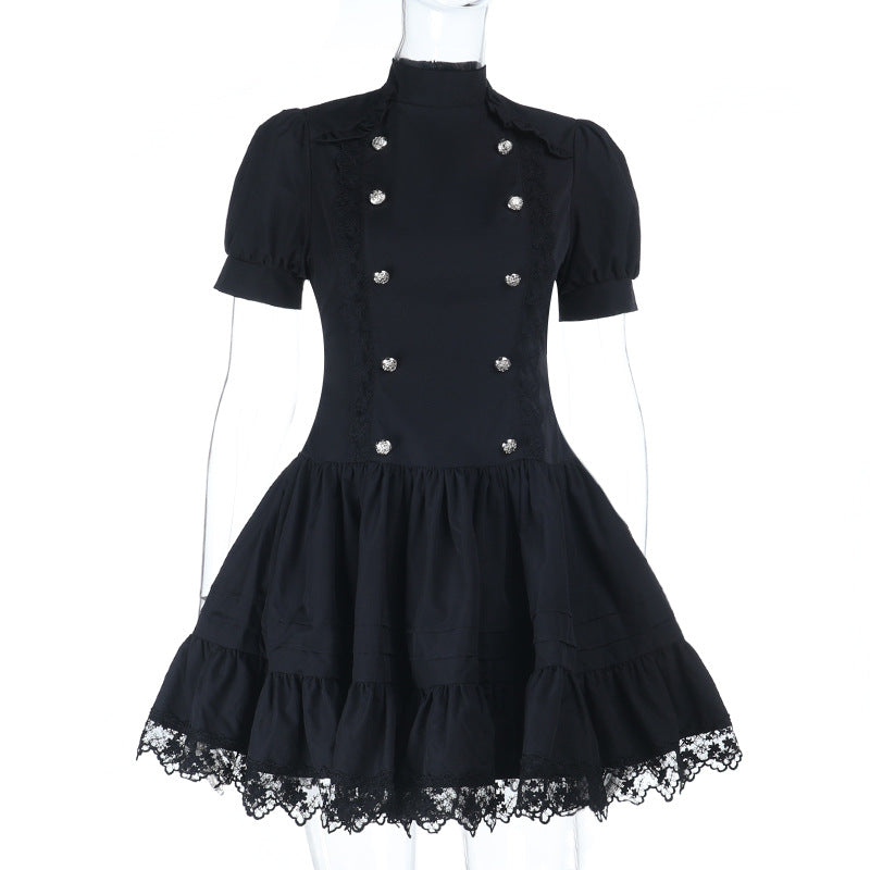 Puff sleeve high neck lace hem mini dress  | Festival Outfits Women