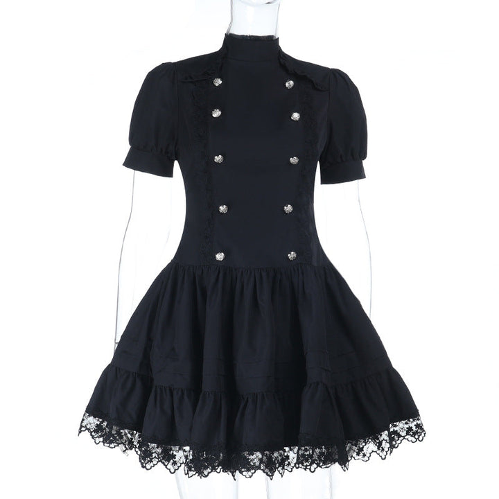 Puff sleeve high neck lace hem mini dress  | Festival Outfits Women