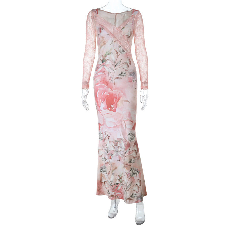 Long sleeve v neck lace hem flower print maxi dress  | Festival Outfits Women