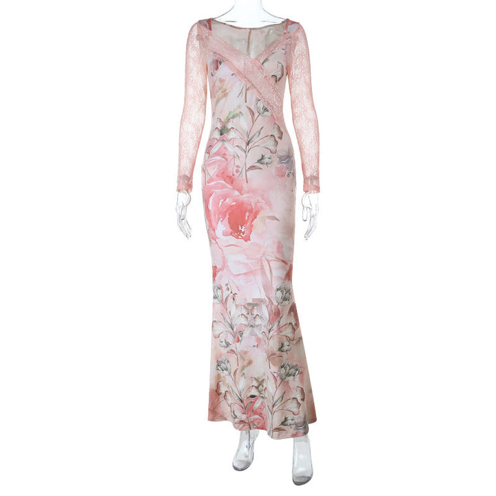 Long sleeve v neck lace hem flower print maxi dress  | Festival Outfits Women