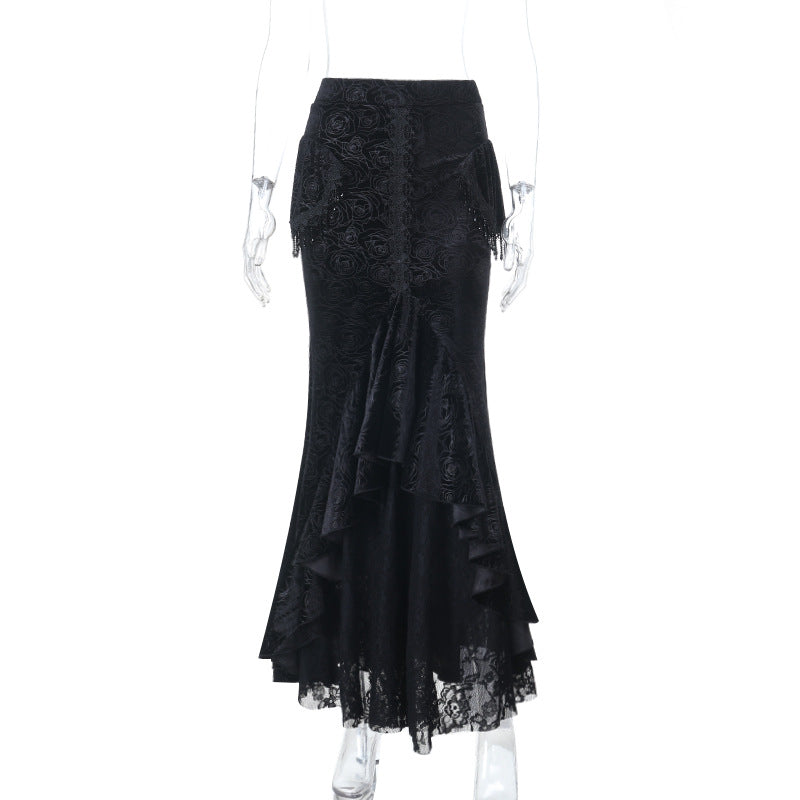Velvet lace hem tassels maxi skirt  | Festival Outfits Women