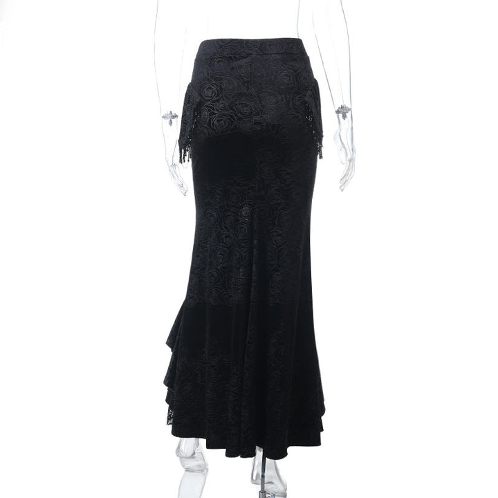 Velvet lace hem tassels maxi skirt  | Festival Outfits Women