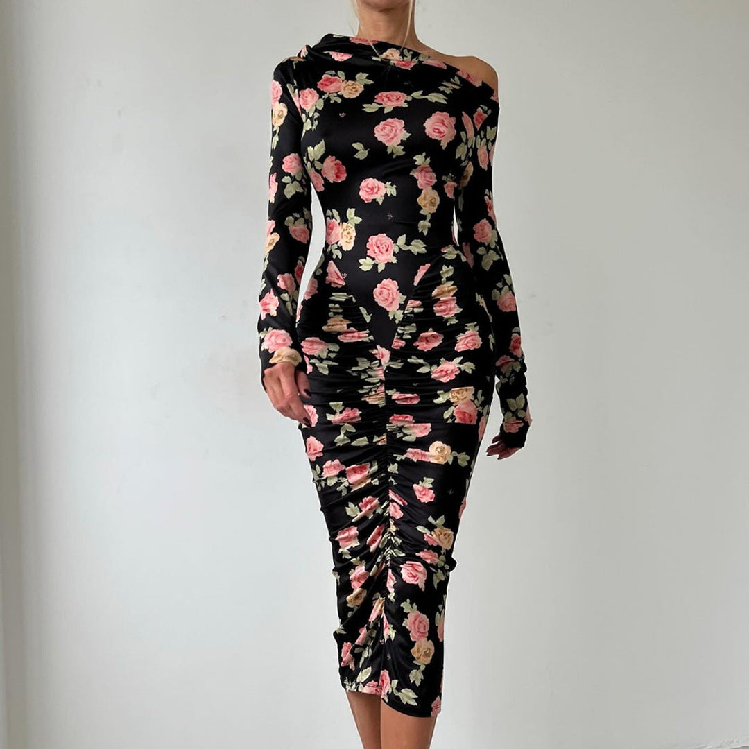 Long sleeve flower print ruched midi dress  | Festival Outfits Women