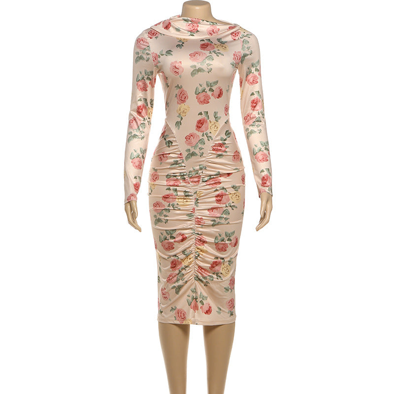 Long sleeve flower print ruched midi dress  | Festival Outfits Women