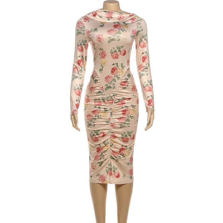 Long sleeve flower print ruched midi dress  | Festival Outfits Women