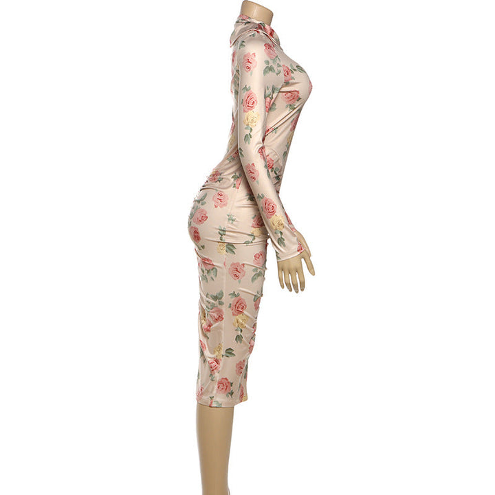 Long sleeve flower print ruched midi dress  | Festival Outfits Women