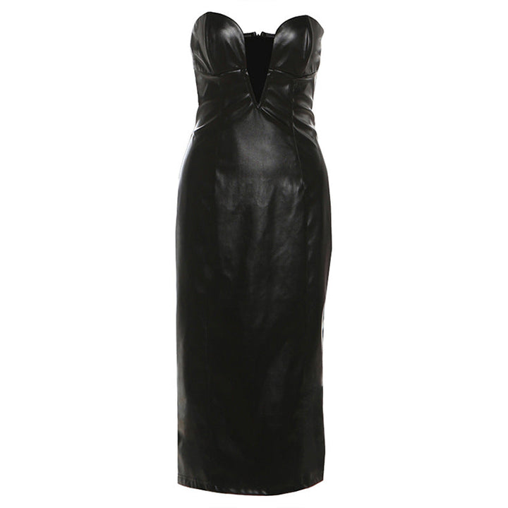 PU leather v neck low cut midi dress  | Festival Outfits Women