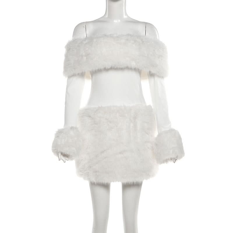 Off shoulder long sleeve fluffy mini dress  | Festival Outfits Women