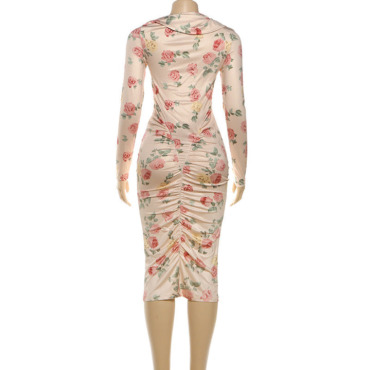 Long sleeve flower print ruched midi dress  | Festival Outfits Women
