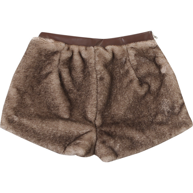 Fluffy PU leather patchwork zip-up short pant  | Festival Outfits Women