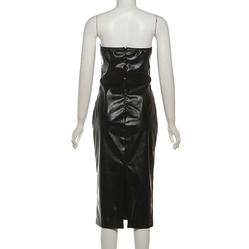 PU leather v neck low cut midi dress  | Festival Outfits Women