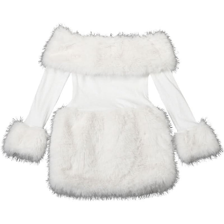Off shoulder long sleeve fluffy mini dress  | Festival Outfits Women