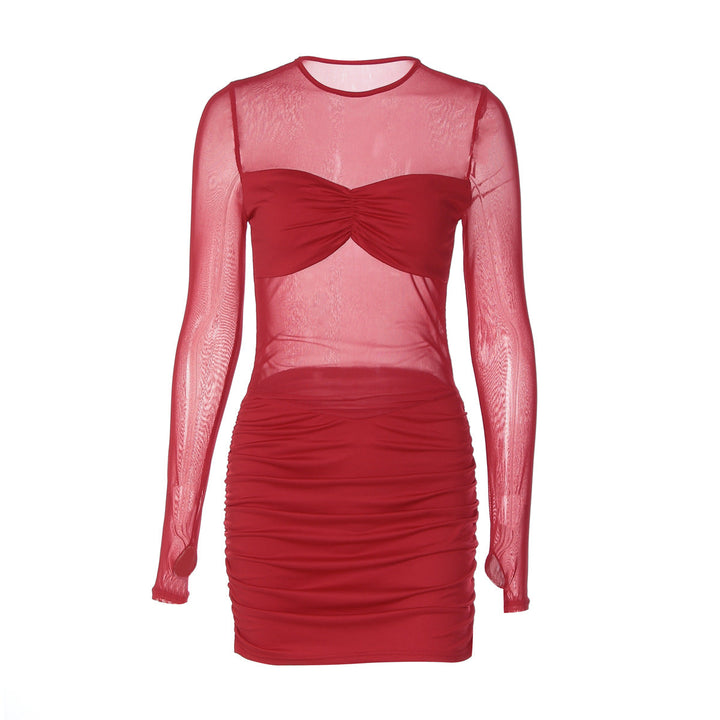 Long sleeve crewneck mesh ruched mini dress  | Festival Outfits Women
