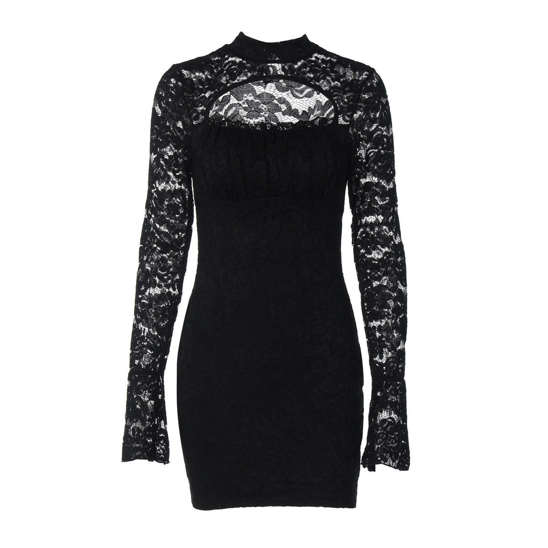 Long sleeve lace hollow out button cut out mini dress  | Festival Outfits Women-final-sale