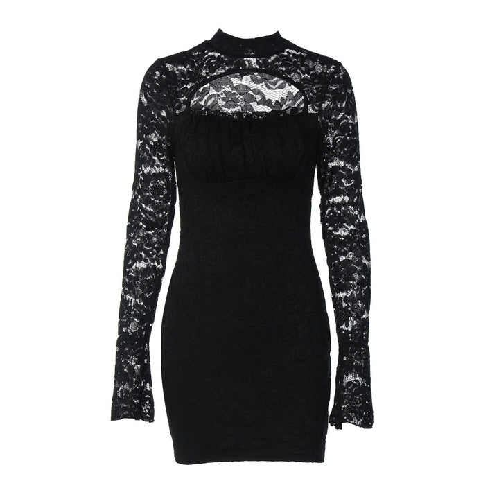 Long sleeve lace hollow out button cut out mini dress  | Festival Outfits Women-final-sale