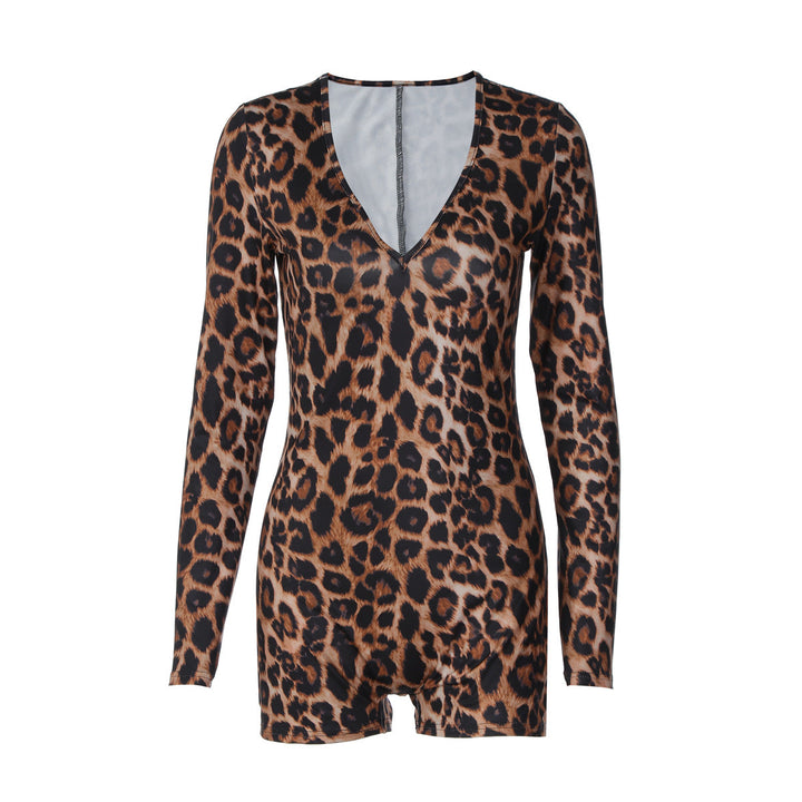 Leopard print v neck long sleeve romper  | Festival Outfits Women