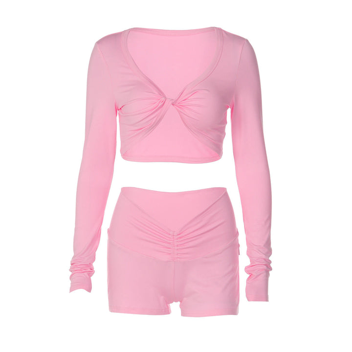 Long sleeve ruched v neck solid short pant set  | Festival Outfits Women