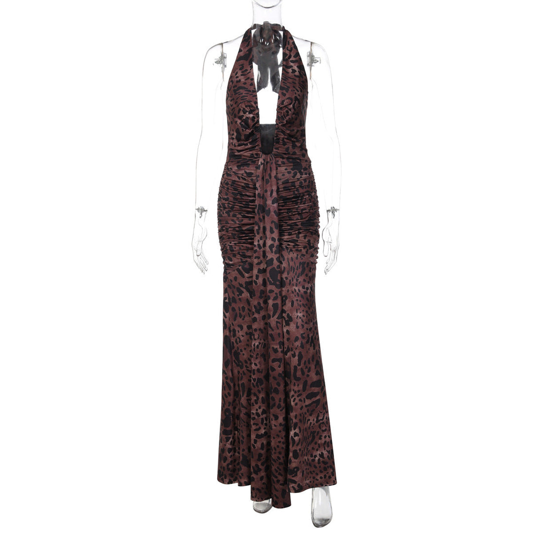 Halter self tie leopard print ruched backless maxi dress  | Festival Outfits Women