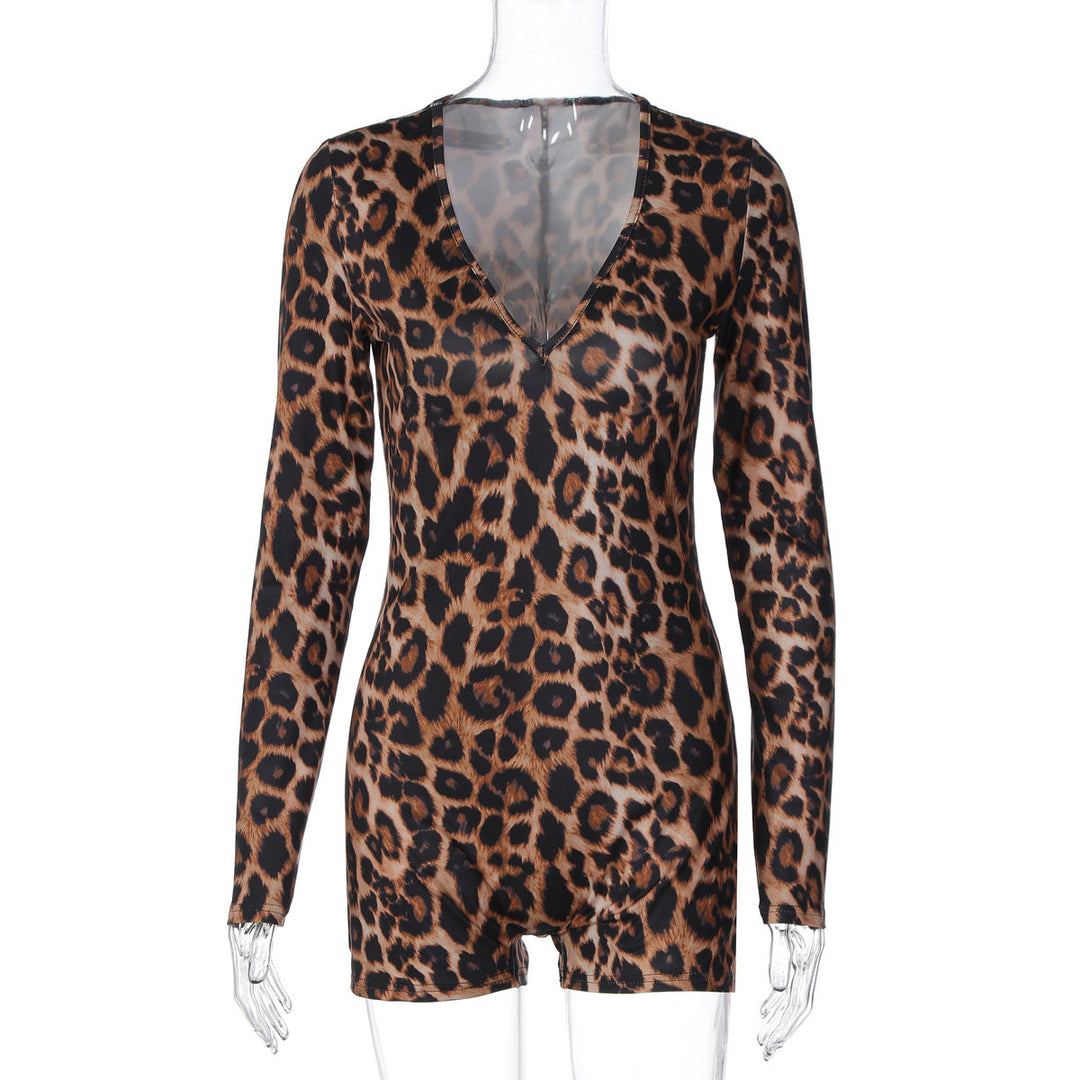 Leopard print v neck long sleeve romper  | Festival Outfits Women