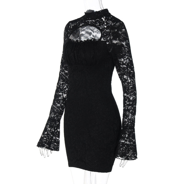 Long sleeve lace hollow out button cut out mini dress  | Festival Outfits Women-final-sale