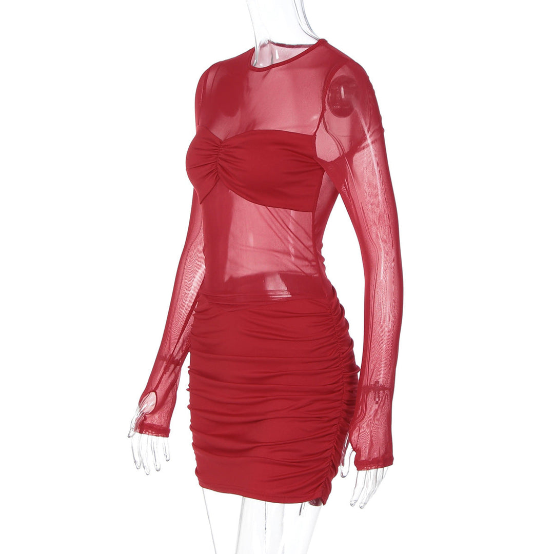 Long sleeve crewneck mesh ruched mini dress  | Festival Outfits Women