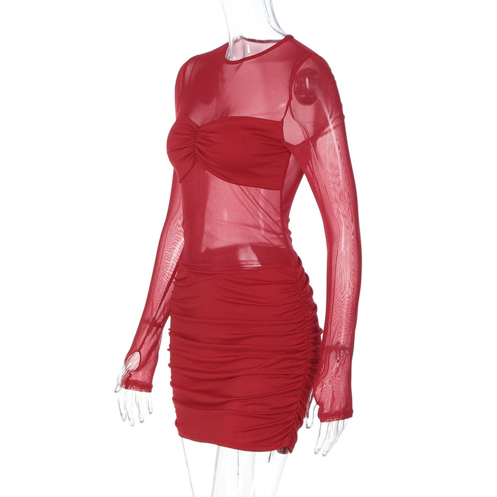 Long sleeve crewneck mesh ruched mini dress  | Festival Outfits Women