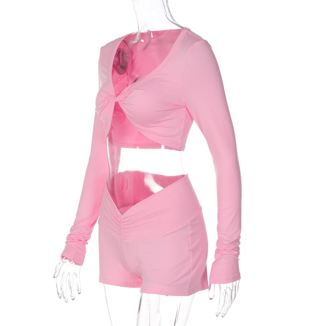 Long sleeve ruched v neck solid short pant set  | Festival Outfits Women