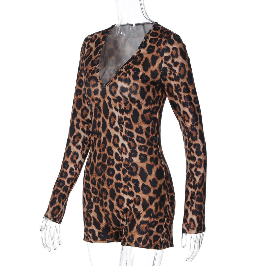 Leopard print v neck long sleeve romper  | Festival Outfits Women