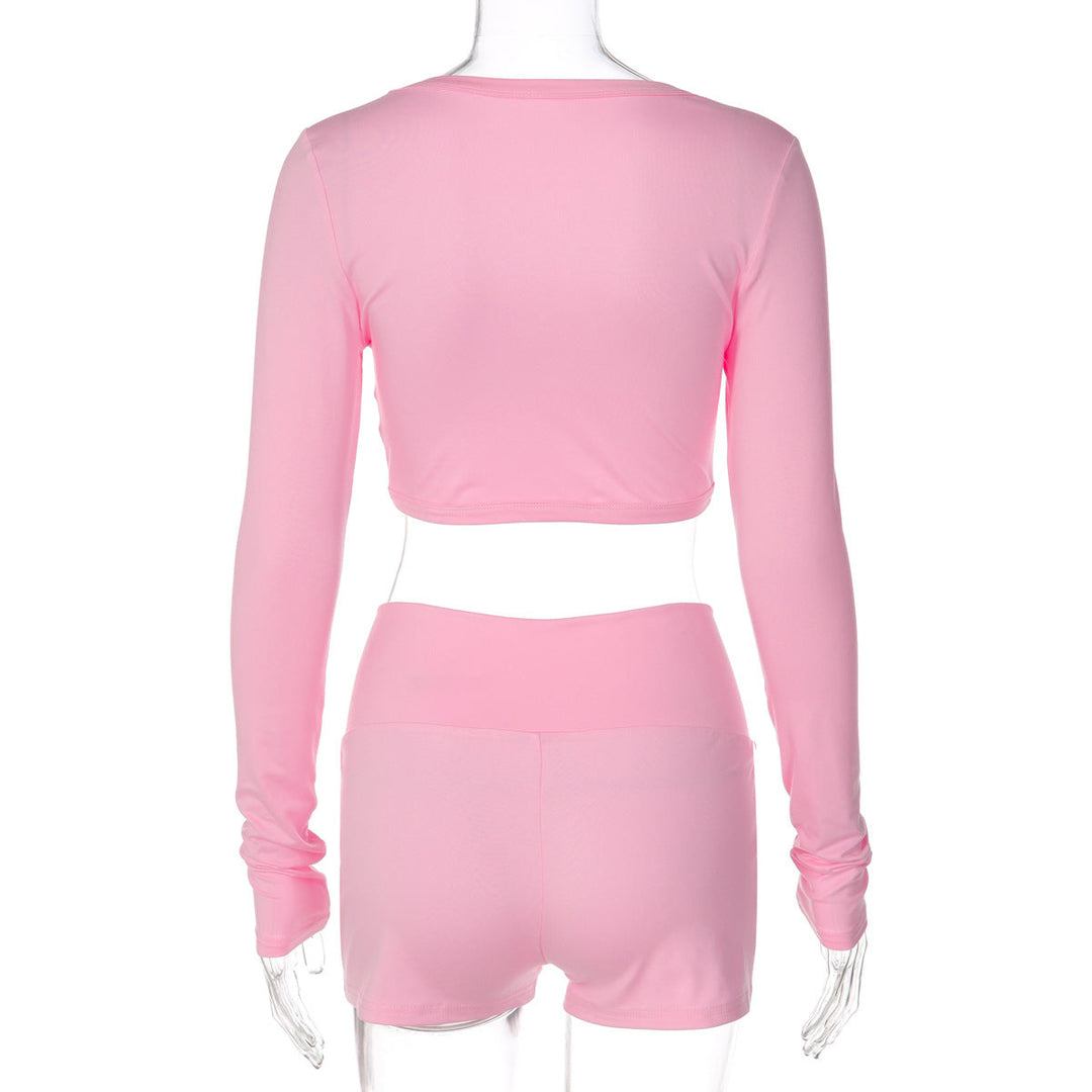 Long sleeve ruched v neck solid short pant set  | Festival Outfits Women
