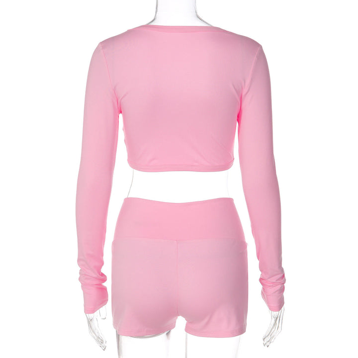 Long sleeve ruched v neck solid short pant set  | Festival Outfits Women