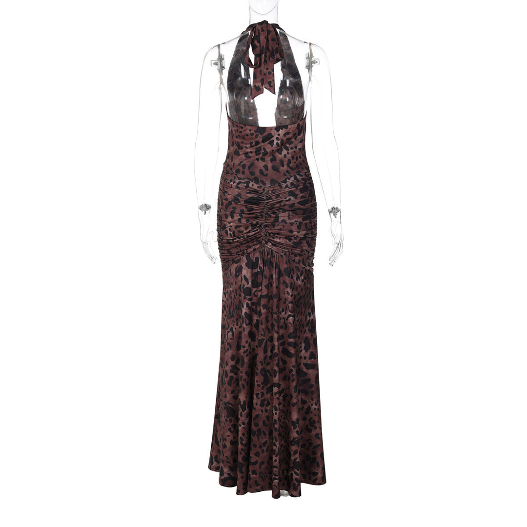 Halter self tie leopard print ruched backless maxi dress  | Festival Outfits Women