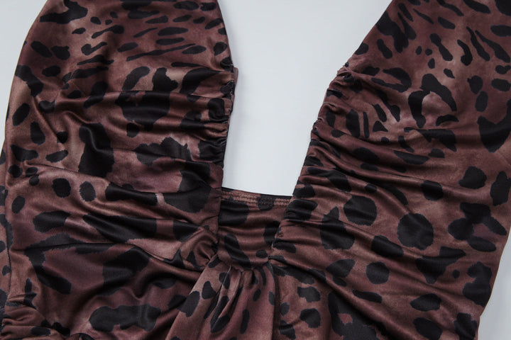 Halter self tie leopard print ruched backless maxi dress  | Festival Outfits Women