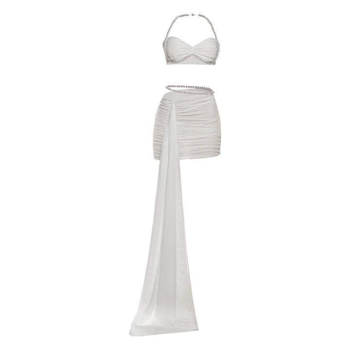 Halter beaded ruched mesh mini dress  | Festival Outfits Women-final-sale