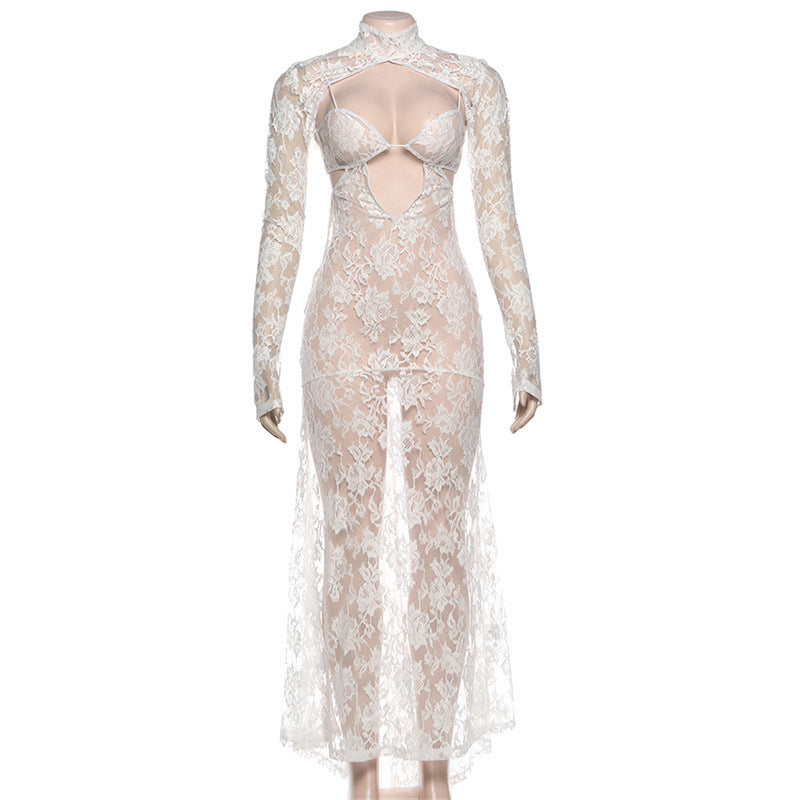 High neck long sleeve hollow out lace see through cut out maxi dress  | Festival Outfits Women