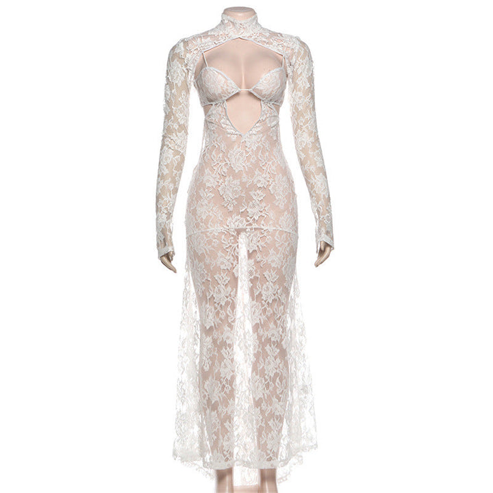 High neck long sleeve hollow out lace see through cut out maxi dress  | Festival Outfits Women