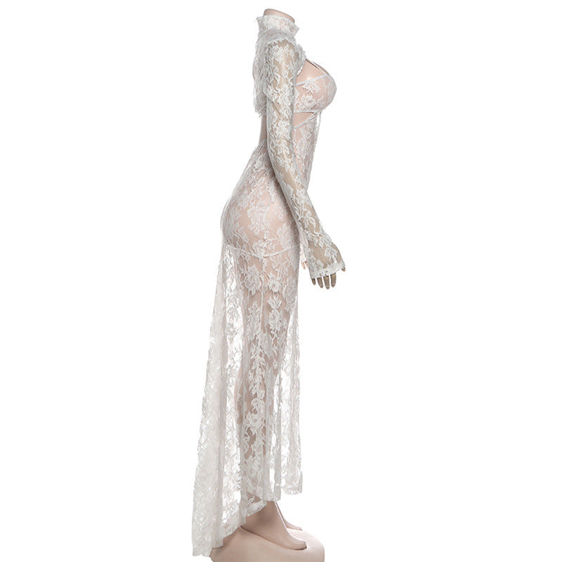 High neck long sleeve hollow out lace see through cut out maxi dress  | Festival Outfits Women