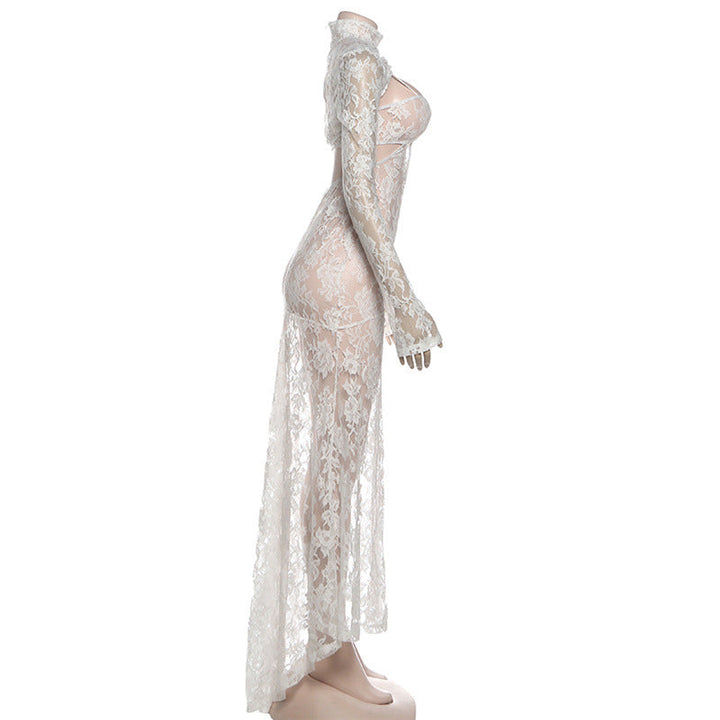 High neck long sleeve hollow out lace see through cut out maxi dress  | Festival Outfits Women