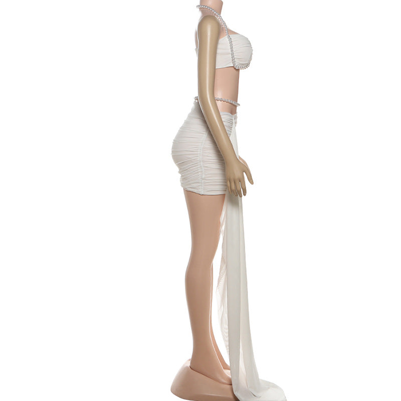 Halter beaded ruched mesh mini dress  | Festival Outfits Women-final-sale