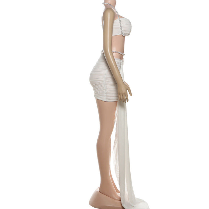 Halter beaded ruched mesh mini dress  | Festival Outfits Women-final-sale