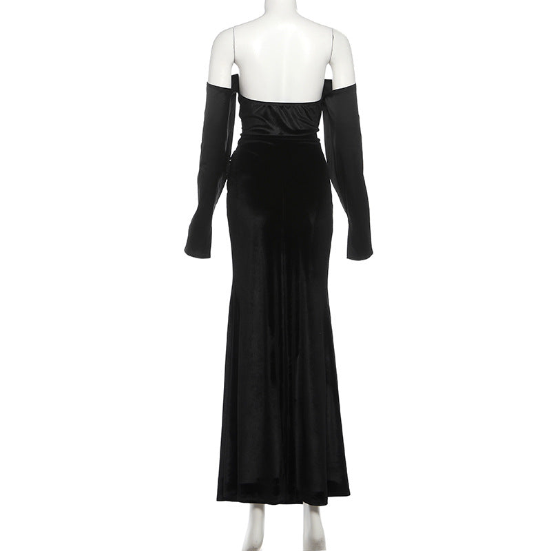 Off shoulder long sleeve velvet ruched maxi dress  | Festival Outfits Women