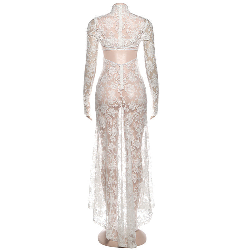 High neck long sleeve hollow out lace see through cut out maxi dress  | Festival Outfits Women