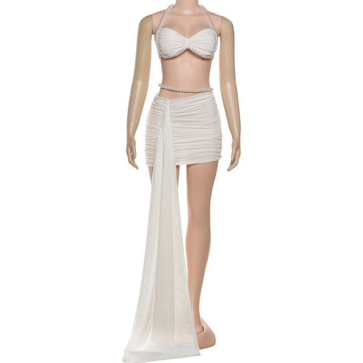 Halter beaded ruched mesh mini dress  | Festival Outfits Women-final-sale