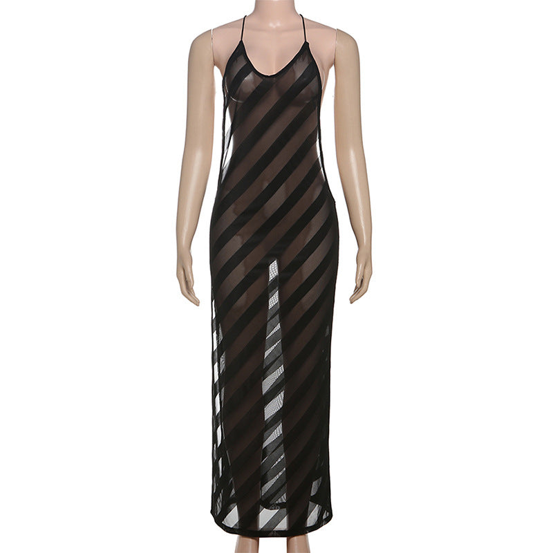 V neck mesh high slit see through backless maxi dress  | Festival Outfits Women-final-sale