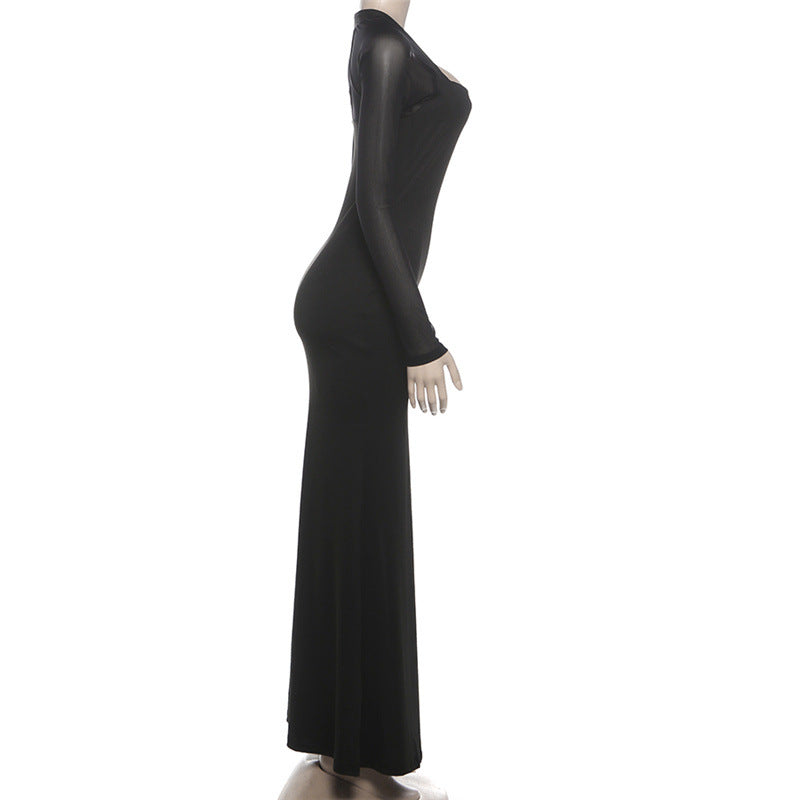 Long sleeve hollow out mesh high slit cut out maxi dress  | Festival Outfits Women