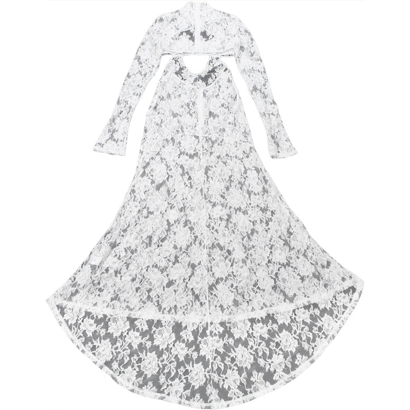 High neck long sleeve hollow out lace see through cut out maxi dress  | Festival Outfits Women