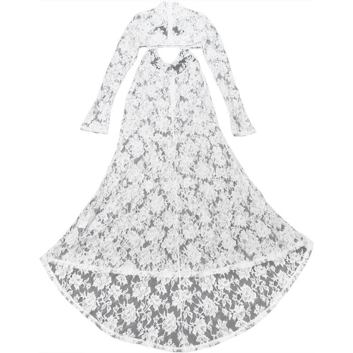 High neck long sleeve hollow out lace see through cut out maxi dress  | Festival Outfits Women